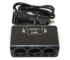 Автомобільний розгалужувач Olesson на 3 гнізда + 2 х USB + вольтметр, з кабелем (1639)