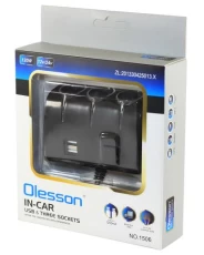 Автомобільний розгалужувач Olesson на 3 гнізда, з кабелем, Black (WF-0120)
