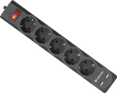 Фильтр сетевой Defender DFS 751, 5 розеток, 1.8 м, Black, 2xUSB (99751)