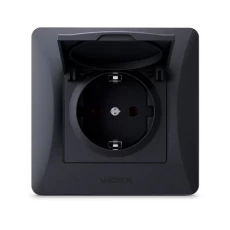 Розетка одинарна Videx Binera, Black, із заземленням, захисна кришка, 16A (VF-BNSK1GС-BG)