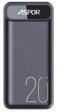 Универсальная мобильная батарея 20000 mAh, Aspor A396 PD, Black, Fast Charge (22.5W/PD)
