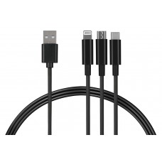 Кабель USB - Lightning + micro USB + Type-C 1.2 м 2E Black, 2.4A (2E-CCMTLAB-BL)