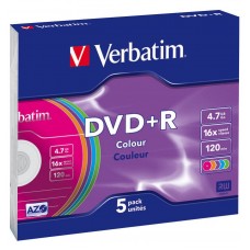 Диск DVD+R Slim Verbatim, 4.7Gb, 16x, Colour, 5 шт, Slim Case (43556)