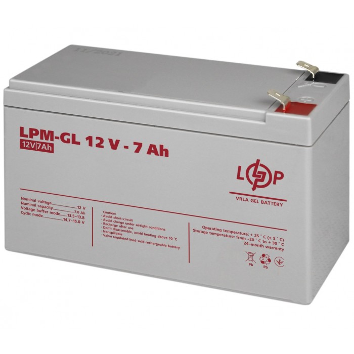 Батарея для ДБЖ 12В 7Ач LogicPower, AGM LPM-GL12-7.0AH, гелевий, ШхДхВ 150x65x100