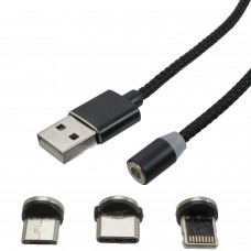 Кабель USB - Lightning + micro USB + Type-C 1 м Patron, Black, разъемы на магните (PN-MAGN-3IN1)