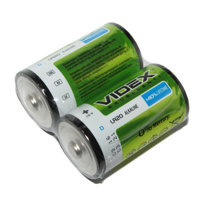 Батарейка D (LR20), лужна, Videx, 2 шт, 1.5V, Shrink