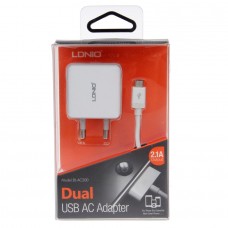 Мережевий зарядний пристрій LDNIO, White, 2xUSB, 2.1A, кабель USB <-> microUSB (DL-AC200)