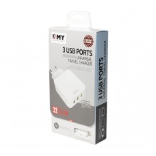 Мережевий зарядний пристрій EMY, White, 3xUSB, 3.1A, кабель USB <-> microUSB (MY-A303)