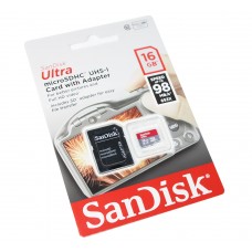 Карта пам'яті microSDHC, 16Gb, Class10 UHS-I, SanDisk R98MB/s Ultra, SD адаптер (SDSQUAR-016G-GN6IA)