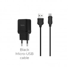 Сетевое зарядное устройство Hoco, Black, 1xUSB, 2.4A, кабель USB <-> microUSB (C22A)