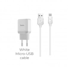 Мережевий зарядний пристрій Hoco, White, 1xUSB, 2.4A, кабель USB <-> microUSB (C22A)