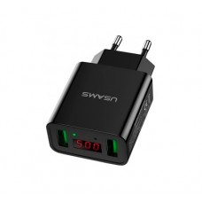 Мережевий зарядний пристрій Usams, Black, 2xUSB, 2.2A, Led display travel charger-EU (US-CC040)