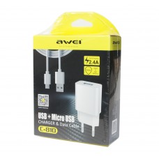 Мережевий зарядний пристрій Awei, White, 1xUSB, 5V / 2.1A, кабель USB <-> microUSB (C-810)