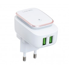 Мережевий зарядний пристрій LDNIO, White, 2xUSB, 2.4A, кабель USB <-> Micro USB, з LED (A2205)