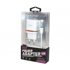Мережевий зарядний пристрій Aspor, White, 2xUSB, 2.4A, кабель USB <-> Lightning (A828)