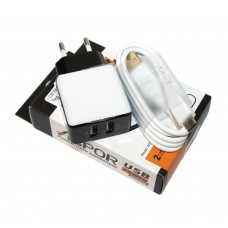 Мережевий зарядний пристрій Aspor, Black, 2xUSB, 2.1A, кабель USB <-> Type C (A811)