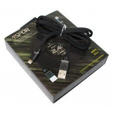 Кабель USB <-> Lightning, Aspor, Black, 1.2м, 2.4A Nylon (A136)