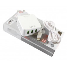 Мережевий зарядний пристрій EMY, White, 3xUSB, 3.1A, кабель USB <-> Lightning (MY-A303)