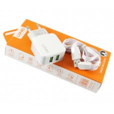 Мережевий зарядний пристрій LDNIO, White, 2xUSB, 2.4A + кабель USB <-> Lightning (A2202)