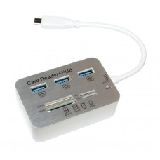 Концентратор Type-C, Merlion 3 порти USB 3.0 + Card Reader, 20 см, White, алюмінієвий