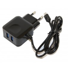 Мережевий зарядний пристрій Aspor, Black, 2xUSB, 2.1A, кабель USB <-> micro USB (F14)