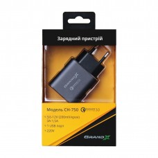 Мережевий зарядний пристрій Grand-X Quick Charge QС3.0 3.6V-6.5V 3A, 6.5V-9V 2A, 9V-12V 1.5A USB