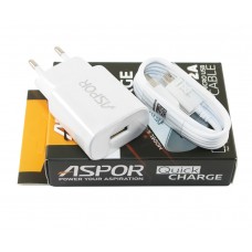 Мережевий зарядний пристрій Aspor, White, 1xUSB, 2A, кабель USB <-> Micro USB (A90)