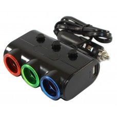 Автомобільний розгалужувач Olesson на 3 гнізда + 2 х USB, 500 mA, з кабелем, Black (1523)