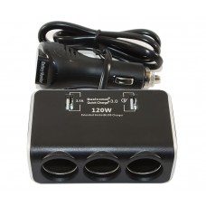 Автомобільний розгалужувач Olesson на 3 гнізда + 2 х USB + вольтметр, з кабелем (1639)