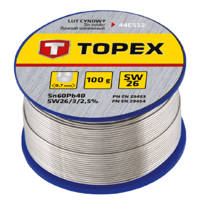 Припій Topex 44E514, діаметр 1.0 мм, склад: Sn 60%, Pb 40%, 100 гр