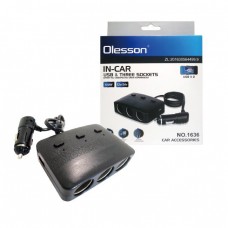 Автомобильный разветвитель Olesson на 3 гнезда + 2 х USB, с кабелем, Black (Ol-1636)