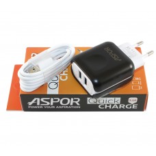 Сетевое зарядное устройство Aspor, Black, 2xUSB, 3,1A, кабель USB <-> micro USB (A93)