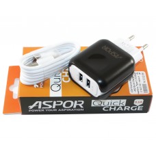 Мережевий зарядний пристрій Aspor, Black, 2xUSB, 3,1A, кабель USB <-> Type C (A92)
