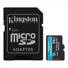 Карта памяти microSDXC, 64Gb, Class 10 UHS-I U3 V30 A2, Kingston, SD адаптер (SDCG3/64GB)