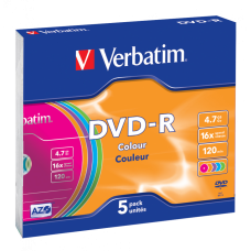 Диск DVD-R Slim Verbatim, 4.7Gb, 16x, Colour, 5 шт, Slim Case (43557)