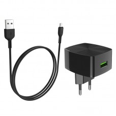 Сетевое зарядное устройство Hoco, Black, 1xUSB, 2.4A, кабель USB <-> microUSB (C70A)