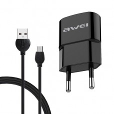 Мережевий зарядний пристрій Awei, Black, 1xUSB, 5V / 2.1A, кабель USB <-> microUSB (C-831)