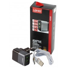 Мережевий зарядний пристрій LDNIO, Black/Gray, 2xUSB, 2.4A, кабель USB <-> Type C (A2206)