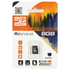Карта памяти microSDHC, 8Gb, Class10, Mibrand, без адаптера (MICDHC10/8GB)