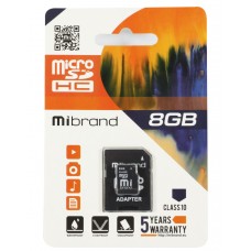 Карта памяти microSDHC, 8Gb, Class10, Mibrand, SD адаптер (MICDHC10/8GB-A)