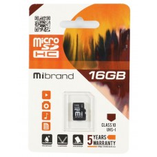 Карта пам'яті microSDHC, 16Gb, Class10, Mibrand, без адаптера (MICDHU1/16GB)