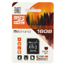 Карта памяти microSDHC, 16Gb, Class10, Mibrand, SD адаптер (MICDHU1/16GB-A)