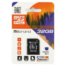 Карта памяти microSDHC, 32Gb, Class10, Mibrand, SD адаптер (MICDHU1/32GB-A)