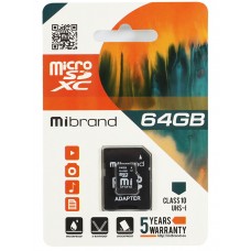 Карта памяти microSDXC, 64Gb, Class10 UHS-1, Mibrand, SD адаптер (MICDXU1/64GB-A)