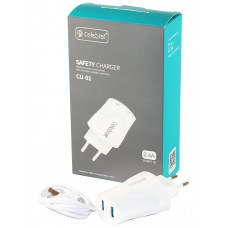 Мережевий зарядний пристрій Celebrat CU01, White, 2xUSB, 2.4A + кабель microUSB