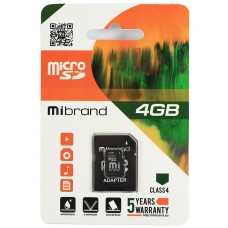 Карта памяти microSDHC, 4Gb, Class4, Mibrand, SD адаптер (MICDC4/4GB-A)