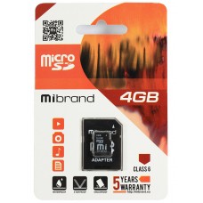 Карта памяти microSDHC, 4Gb, Class 6, Mibrand, SD адаптер (MICDC6/4GB-A)