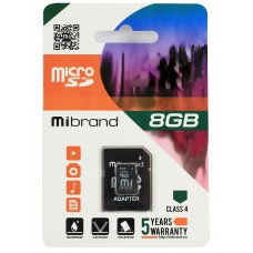 Карта пам'яті microSDHC, 8Gb, Class 4, Mibrand, SD адаптер (MICDC4/8GB-A)