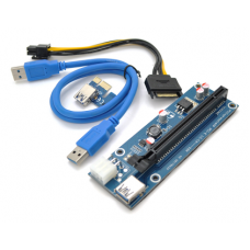 Райзер PCI-EX, x1=>x16, 6-pin, SATA=>6Pin, USB 3.0 AM-AM 0,6 м (синий) , конденсаторы HS06/270