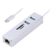 Адаптер Maxxter, Grey, USB Type-С (M) - 2*USB 3.0 (F) / RJ-45 (F) Gigabit Ethernet, металл